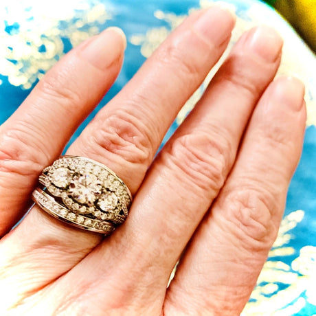Model Wearing 3-Stone Split Shank Ring, Curved Half Eternity Ring