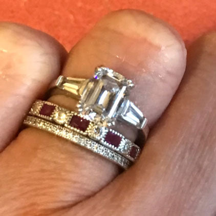 Model Wearing 3-Stone Ring, Art Deco Eternity Ring, Half Eternity Ring