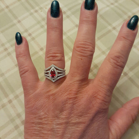 Model Wearing Halo Split Shank Ring, Wishbone Curved Eternity Ring