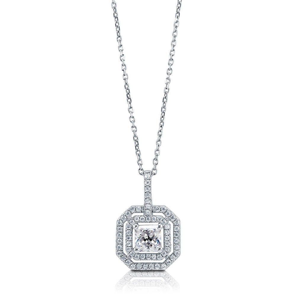 Halo Princess CZ Pendant Necklace in Sterling Silver