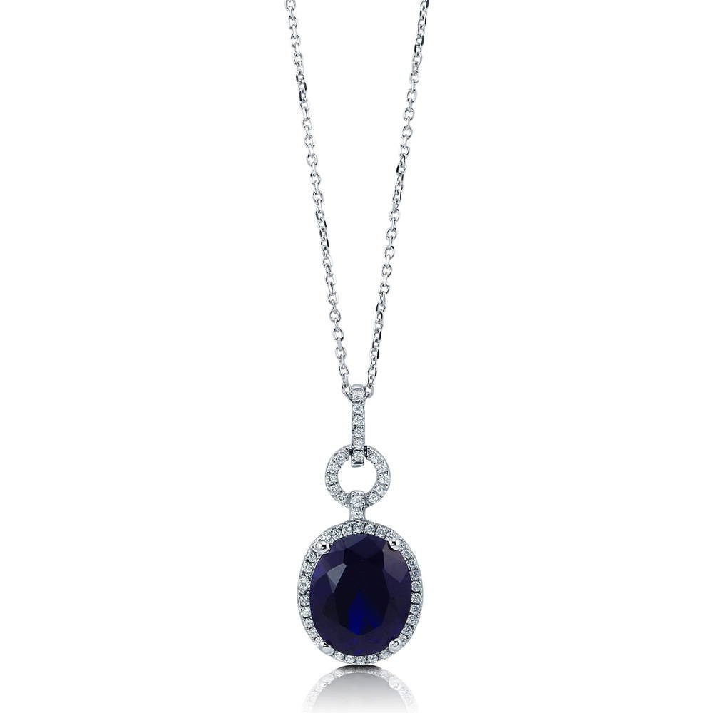Halo Simulated Blue Sapphire Oval CZ Necklace in Sterling Silver, 4 of 6
