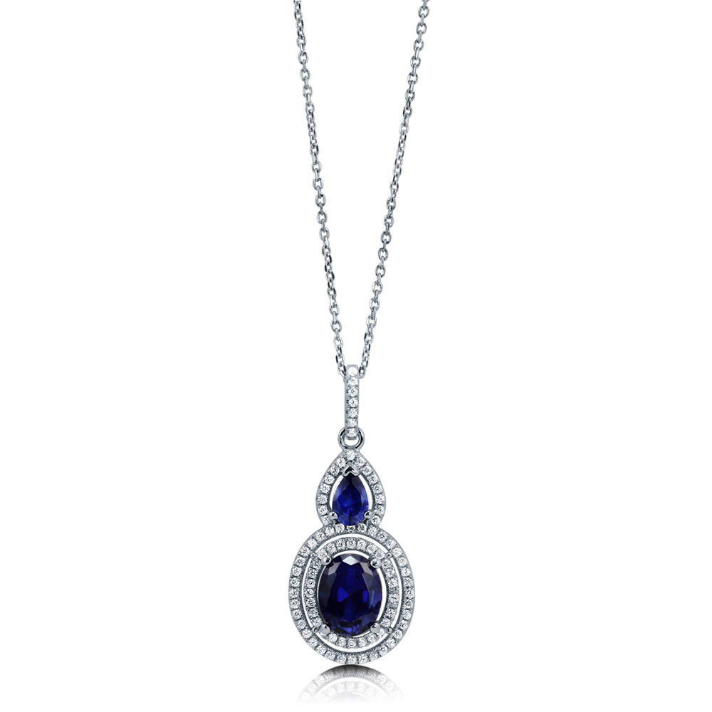 Front view of Halo Simulated Blue Sapphire Oval CZ Set in Sterling Silver, 6 of 8