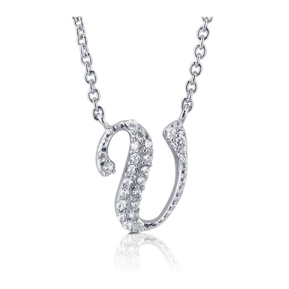 Initial Letter CZ Necklace in Sterling Silver, U