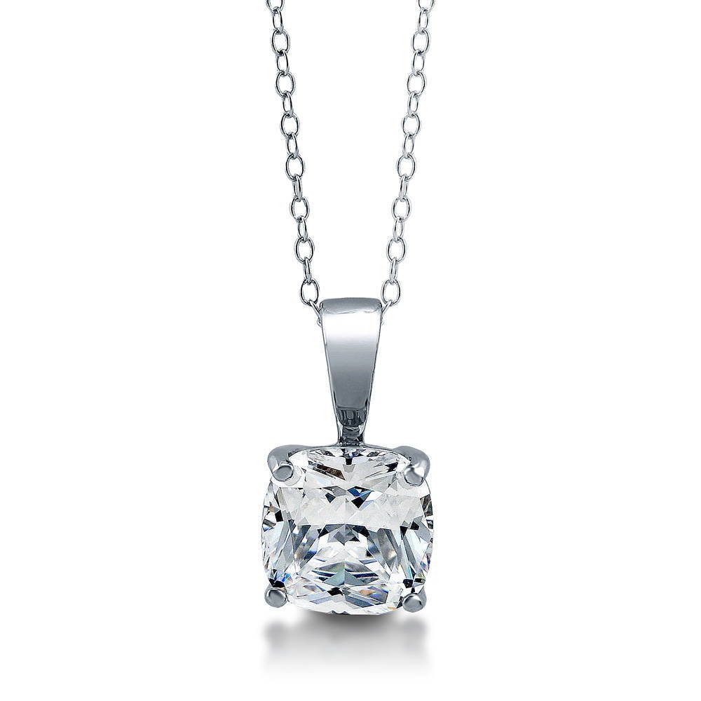 Front view of Solitaire Cushion CZ Necklace and Earrings Set in Sterling Silver, 7 of 9