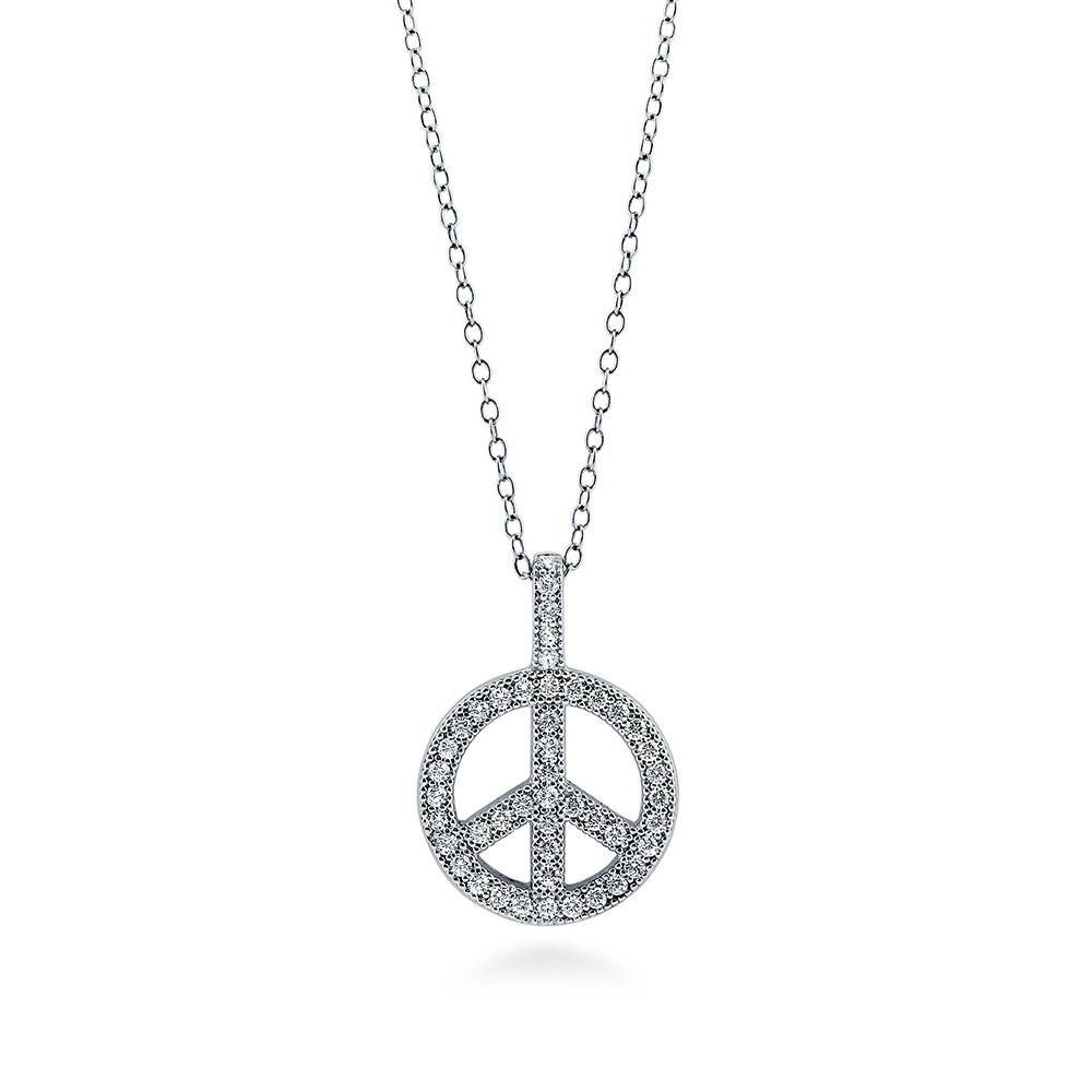 Peace Sign CZ Necklace and Earrings Set in Sterling Silver