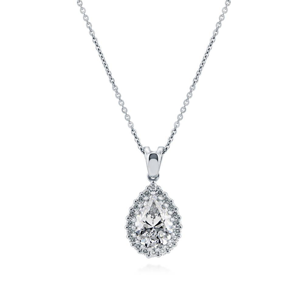 Halo Pear CZ Pendant Necklace in Sterling Silver, 1 of 7
