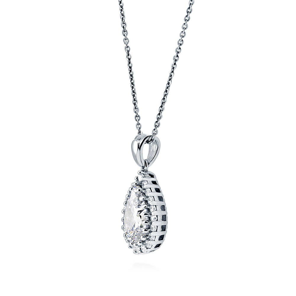Front view of Halo Pear CZ Pendant Necklace in Sterling Silver, 3 of 6