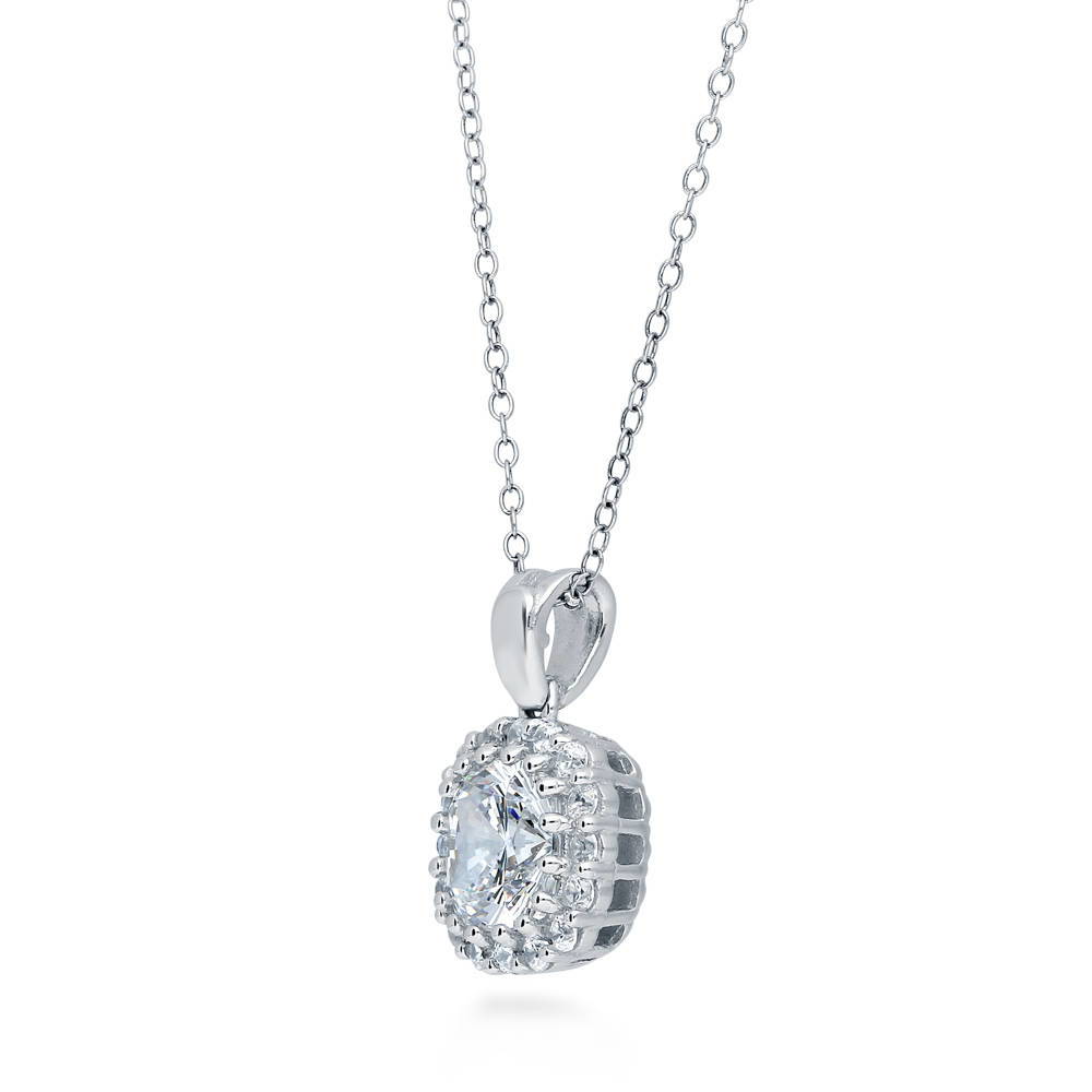 Front view of Halo Cushion CZ Necklace and Earrings Set in Sterling Silver, 8 of 10
