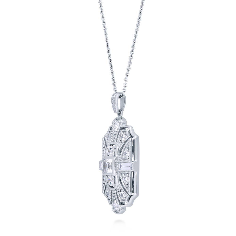 Front view of Art Deco Milgrain CZ Necklace and Earrings Set in Sterling Silver, 7 of 12