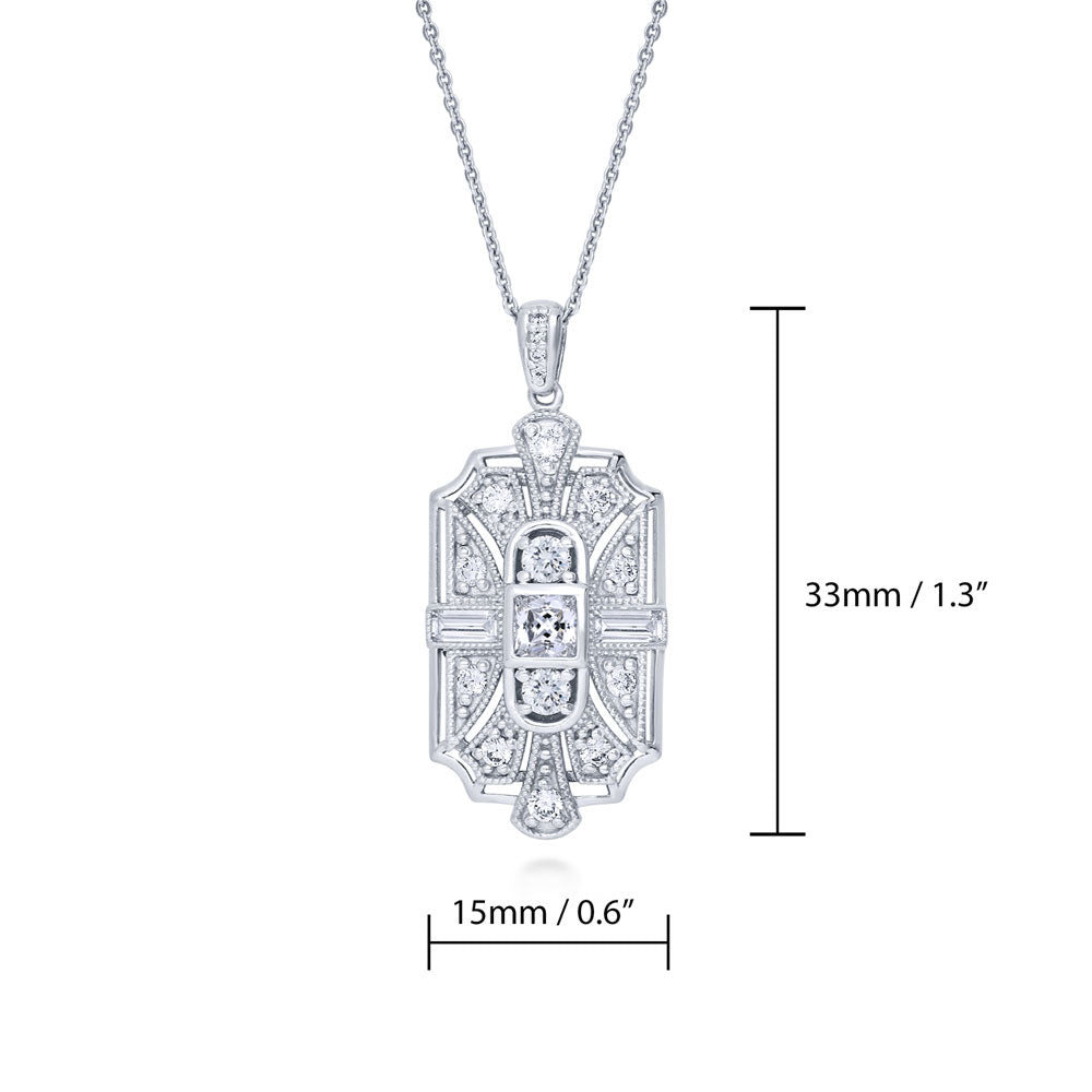 Art Deco Milgrain CZ Pendant Necklace in Sterling Silver