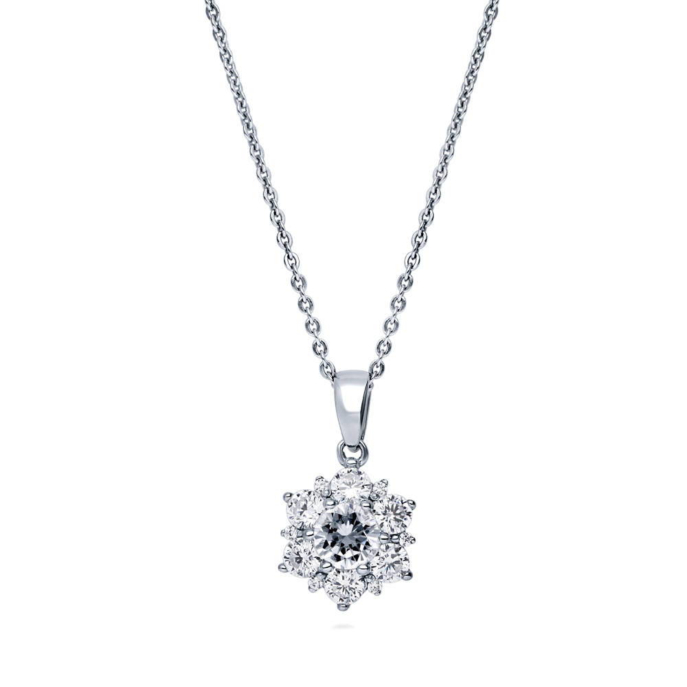 Flower Halo CZ Necklace and Earrings Set in Sterling Silver