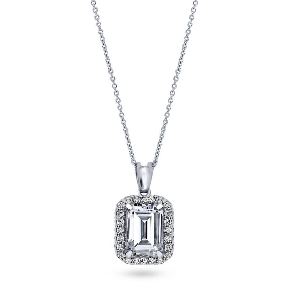 Halo Emerald Cut CZ Necklace and Earrings Set in Sterling Silver, 4 of 10