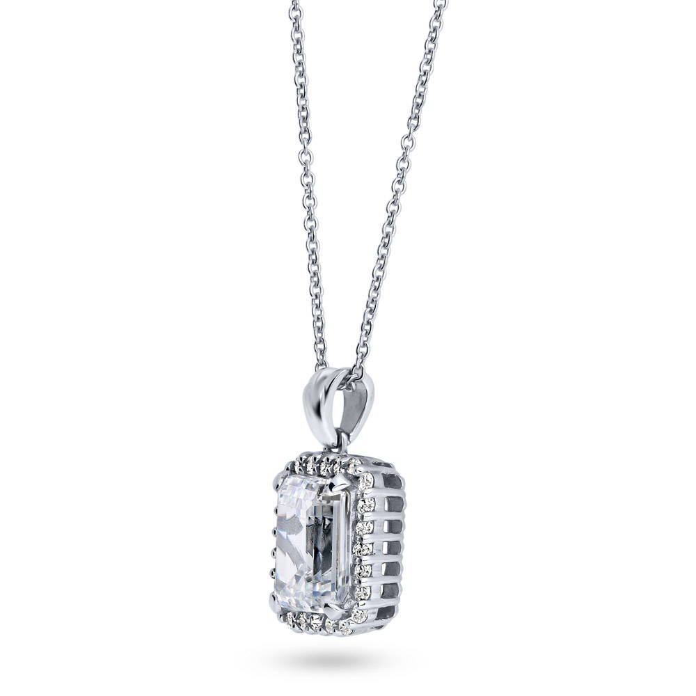 Front view of Halo Emerald Cut CZ Necklace and Earrings Set in Sterling Silver, 8 of 10