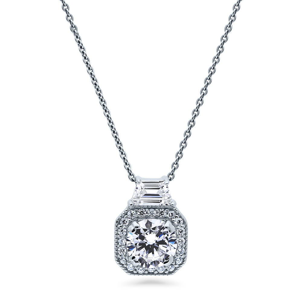 Halo Art Deco Round CZ Pendant Necklace in Sterling Silver, 1 of 5