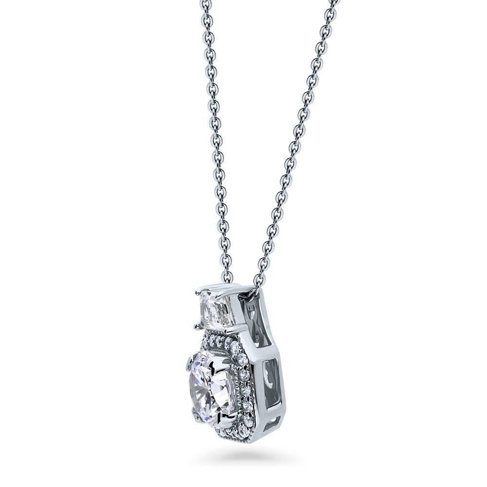Front view of Halo Art Deco Round CZ Pendant Necklace in Sterling Silver, 3 of 5
