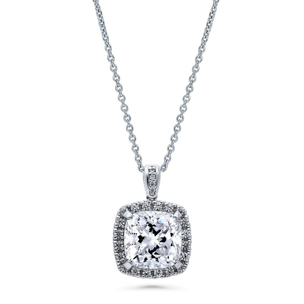 Halo Cushion CZ Pendant Necklace in Sterling Silver, 1 of 6