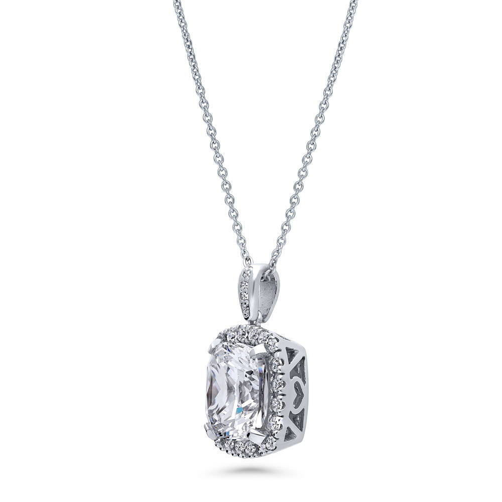 Front view of Halo Cushion CZ Pendant Necklace in Sterling Silver, 4 of 6