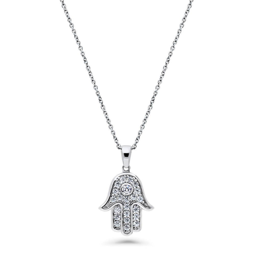 Hamsa Hand CZ Necklace and Earrings Set in Sterling Silver