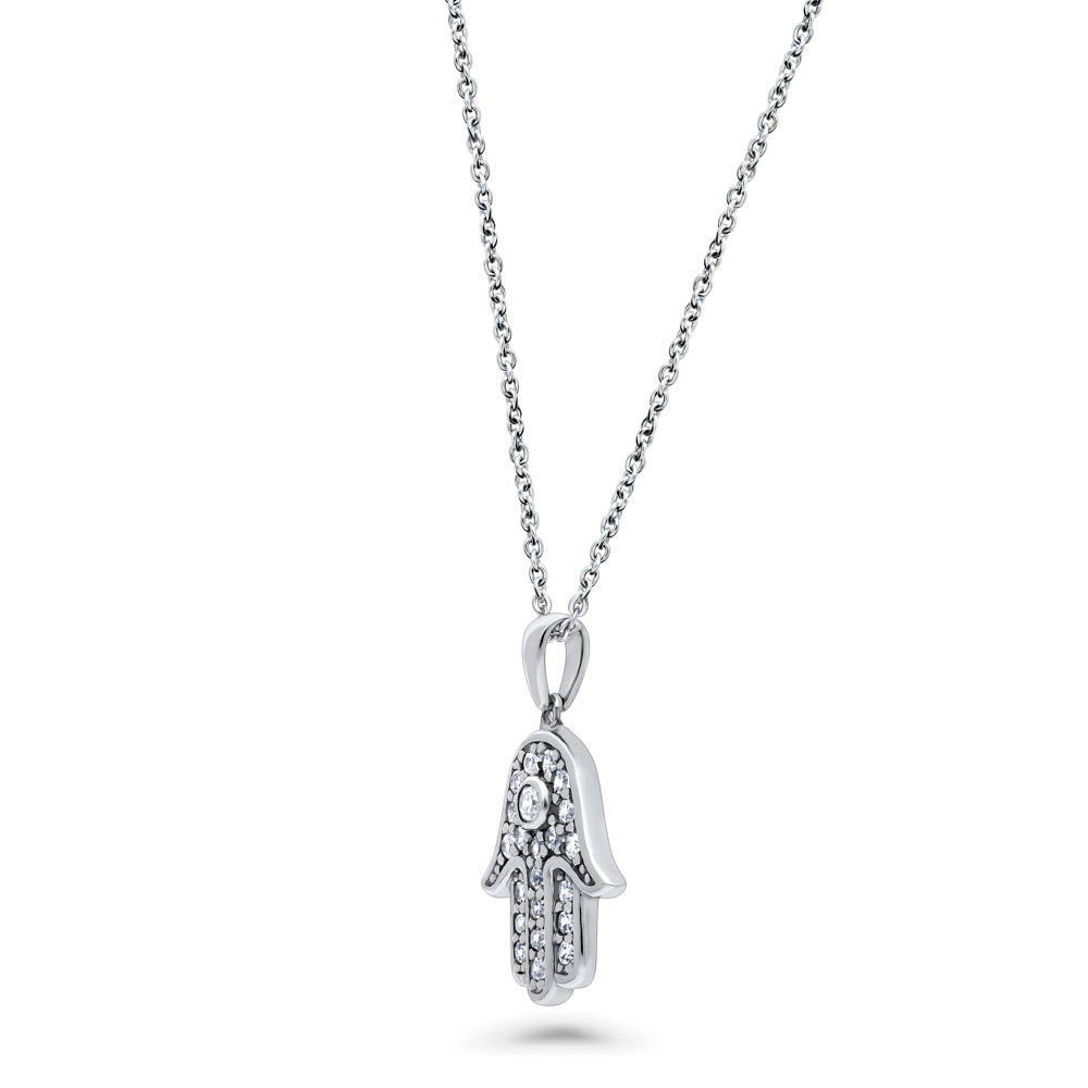 Hamsa Hand CZ Necklace and Earrings Set in Sterling Silver