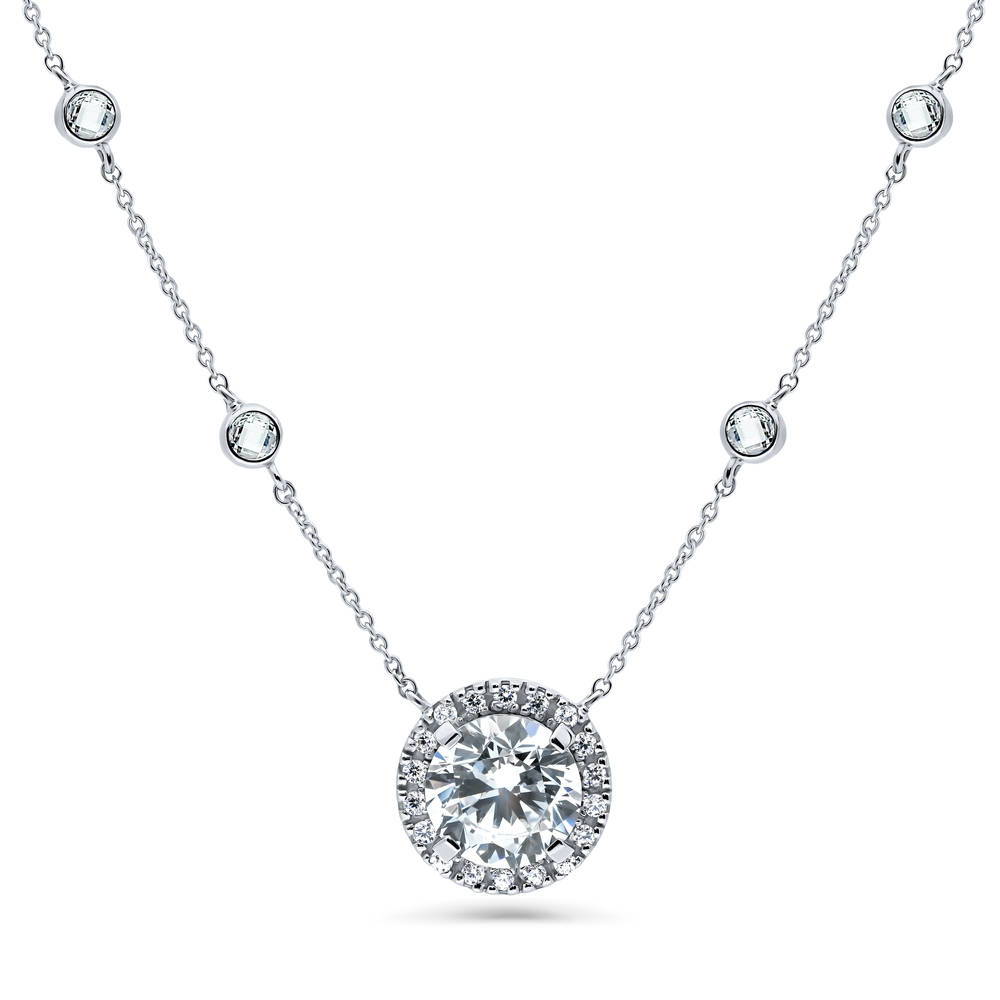 Halo Round CZ Statement Pendant Necklace in Sterling Silver