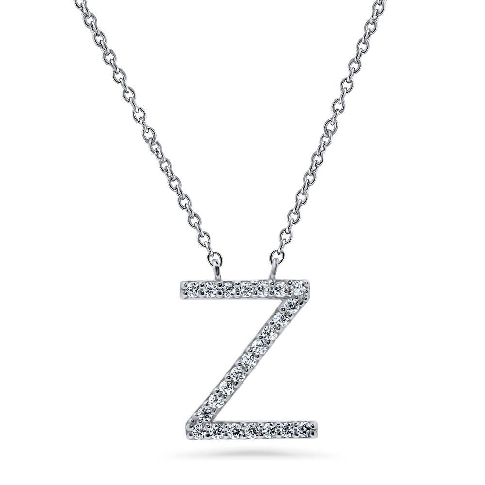 Initial Letter CZ Pendant Necklace in Sterling Silver