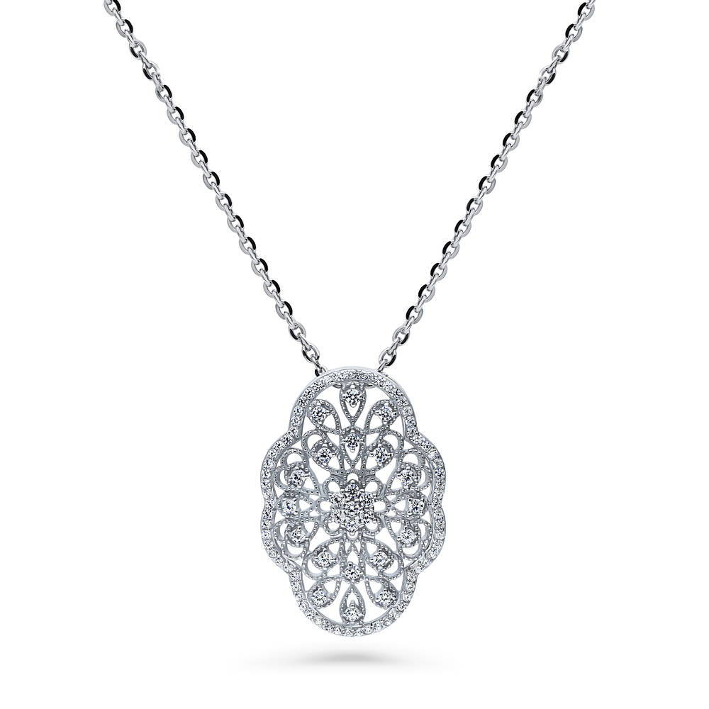 Flower Art Deco CZ Necklace and Earrings Set in Sterling Silver