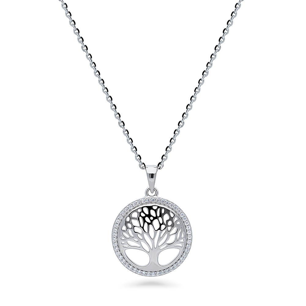 Family Tree CZ Pendant Necklace in Sterling Silver