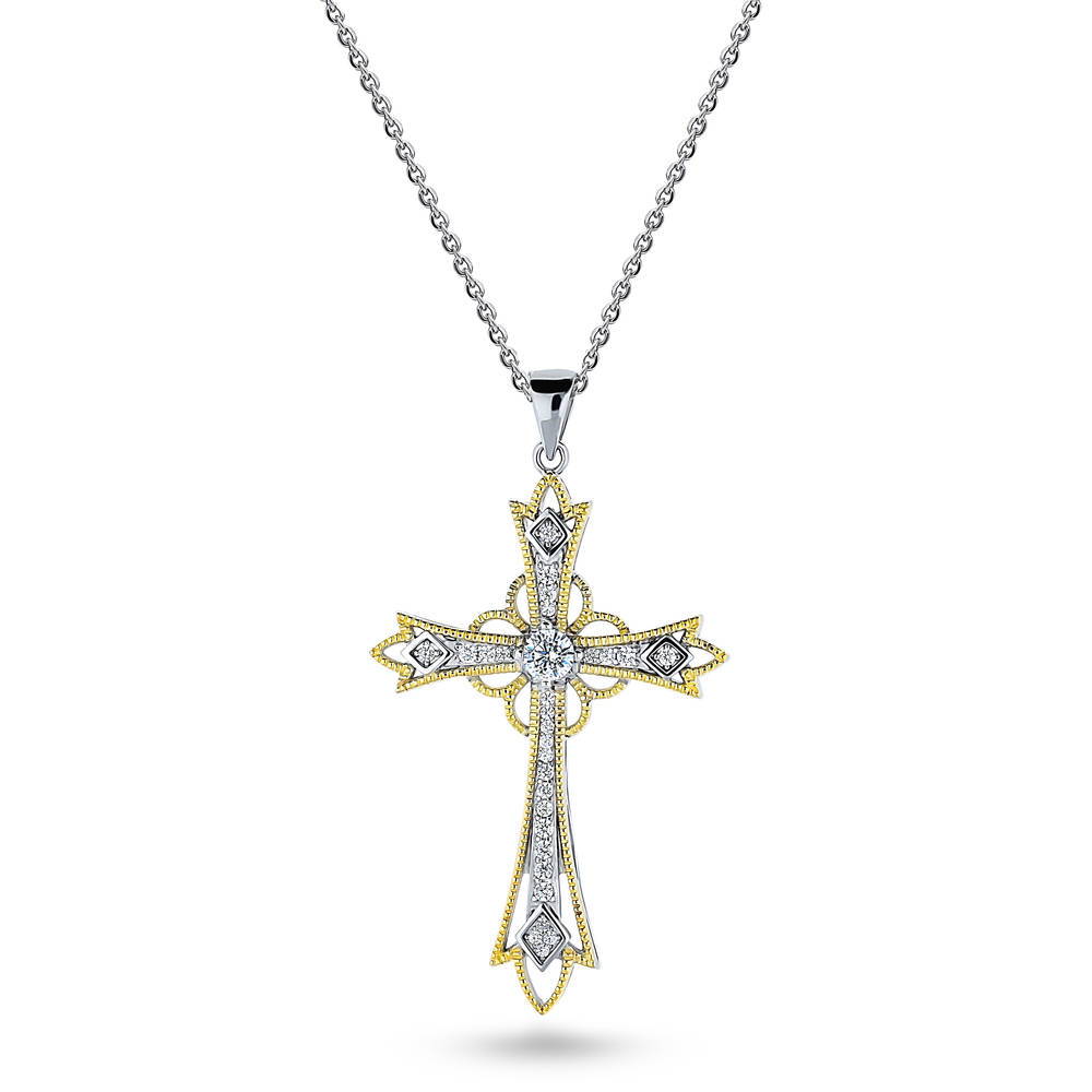 Cross Milgrain CZ Necklace in Gold Flashed Sterling Silver