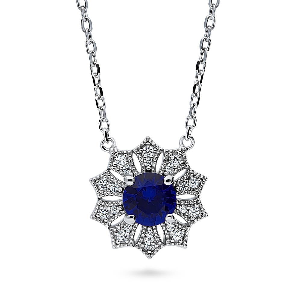 Halo Flower Milgrain Blue CZ Necklace in Sterling Silver