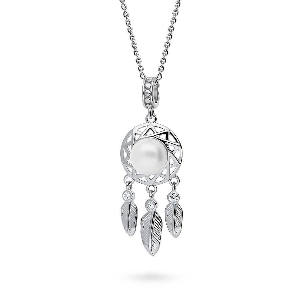 Feather White Button Cultured Pearl Necklace in Sterling Silver