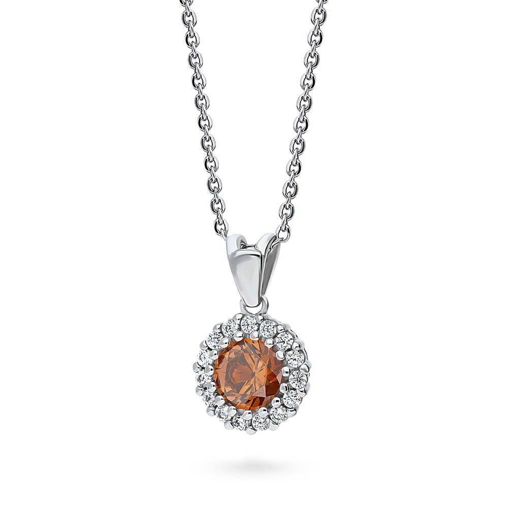 Front view of Halo Caramel Round CZ Necklace and Earrings Set in Sterling Silver, 8 of 12