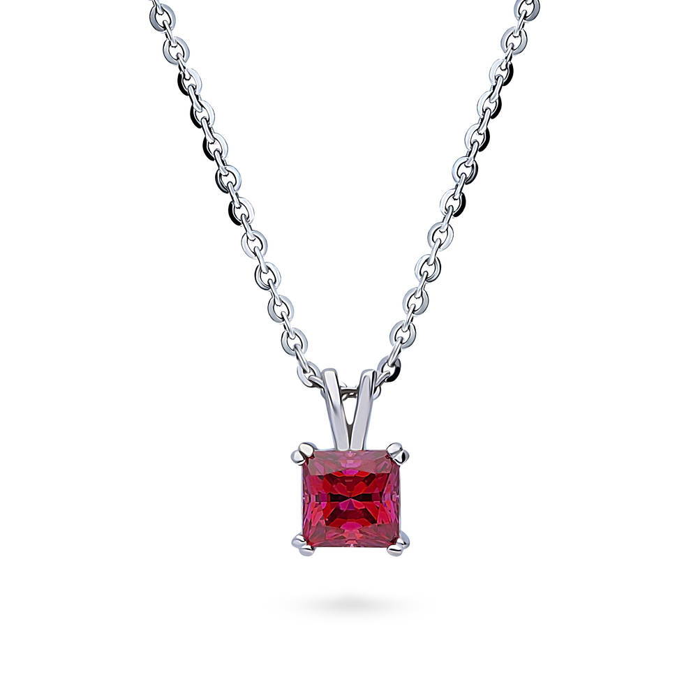 Solitaire Red Princess CZ Pendant Necklace in Sterling Silver 1.2ct, 1 of 5