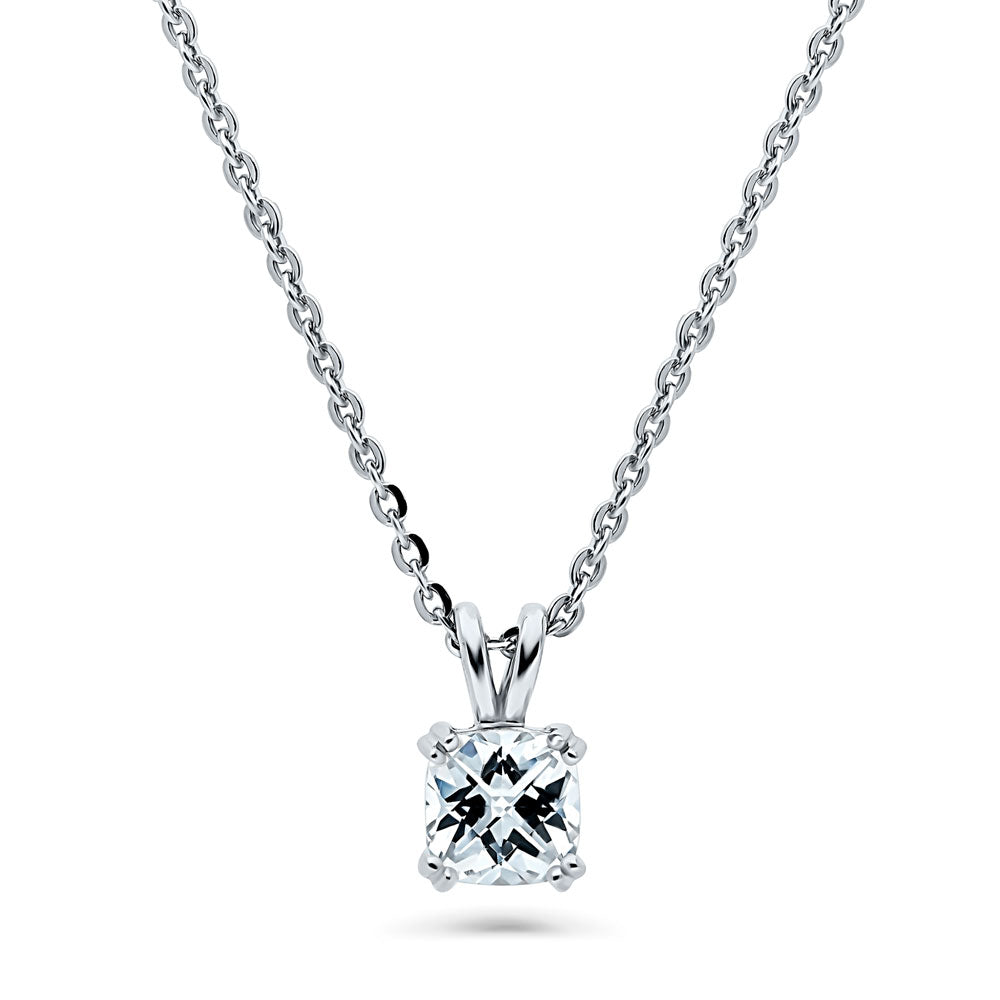 Solitaire 1.25ct Checkerboard Cushion CZ Necklace in Sterling Silver