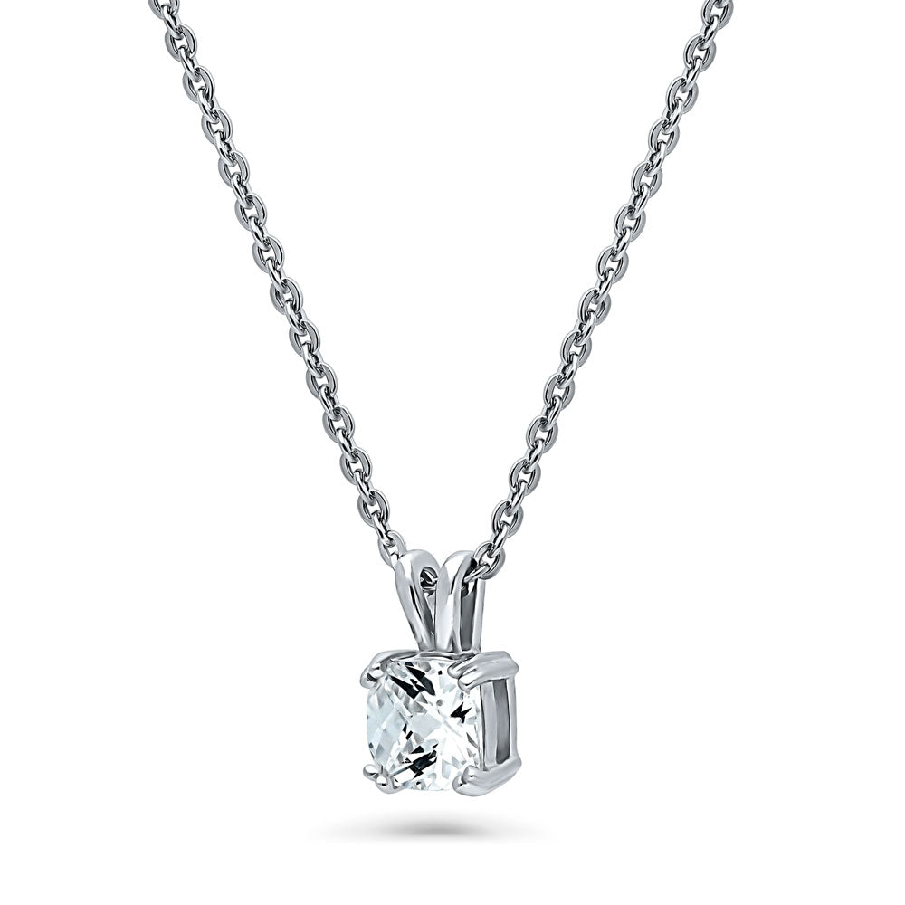 Solitaire 1.25ct Checkerboard Cushion CZ Necklace in Sterling Silver