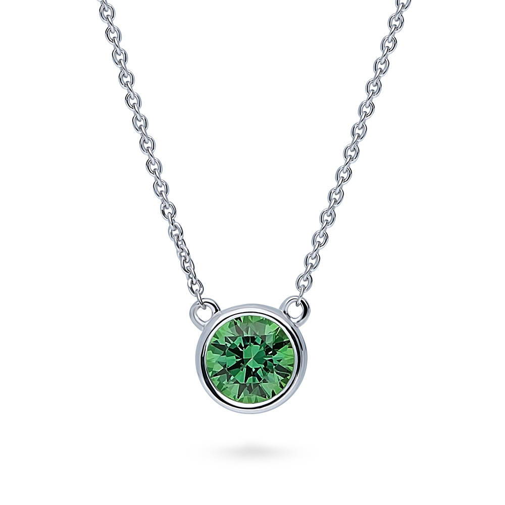 Solitaire Green Bezel Set Round CZ Necklace in Sterling Silver 0.8ct