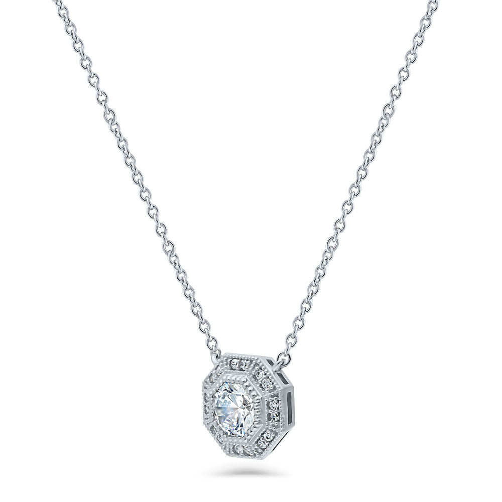 Front view of Halo Milgrain Octagon Sun CZ Pendant Necklace in Sterling Silver, 4 of 6