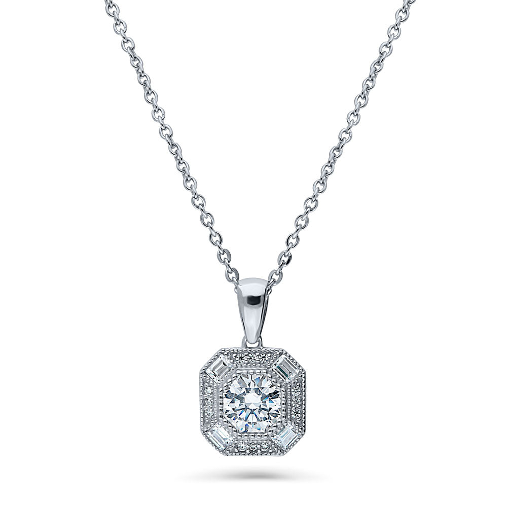 Halo Art Deco Octagon Sun CZ Pendant Necklace in Sterling Silver, 1 of 6