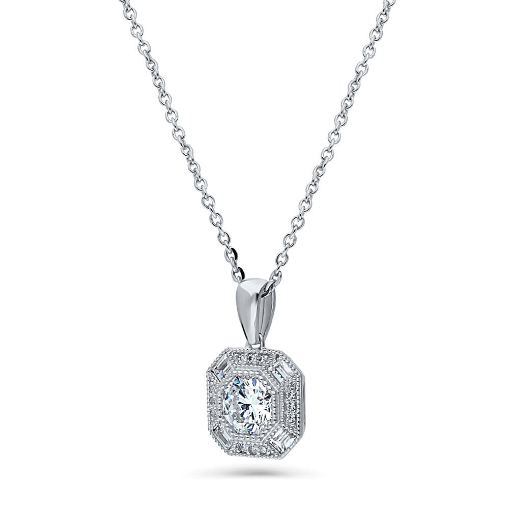 Front view of Halo Art Deco Octagon Sun CZ Pendant Necklace in Sterling Silver, 4 of 6