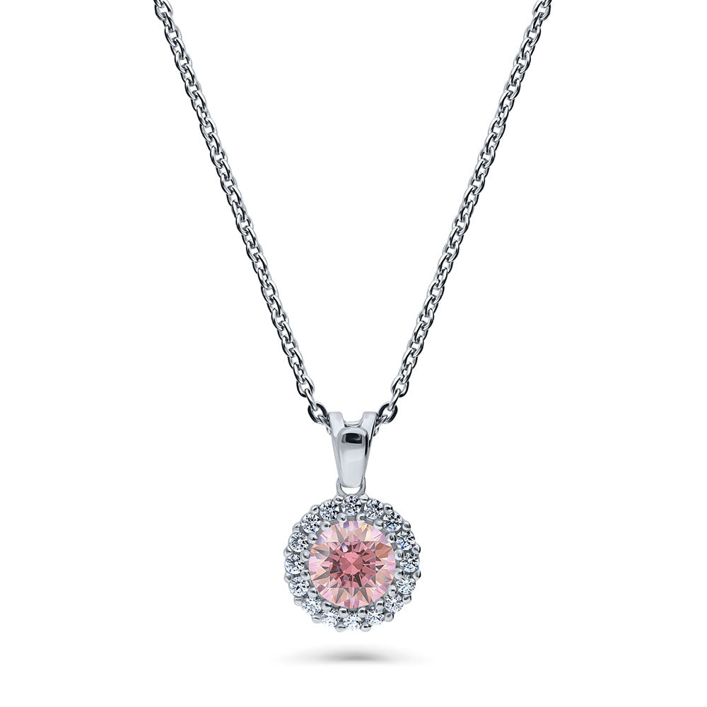Halo Morganite Color Round CZ Pendant Necklace in Sterling Silver