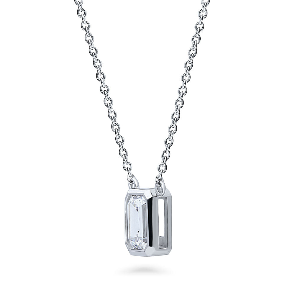 Solitaire 1ct Bezel Set Emerald Cut CZ Necklace in Sterling Silver