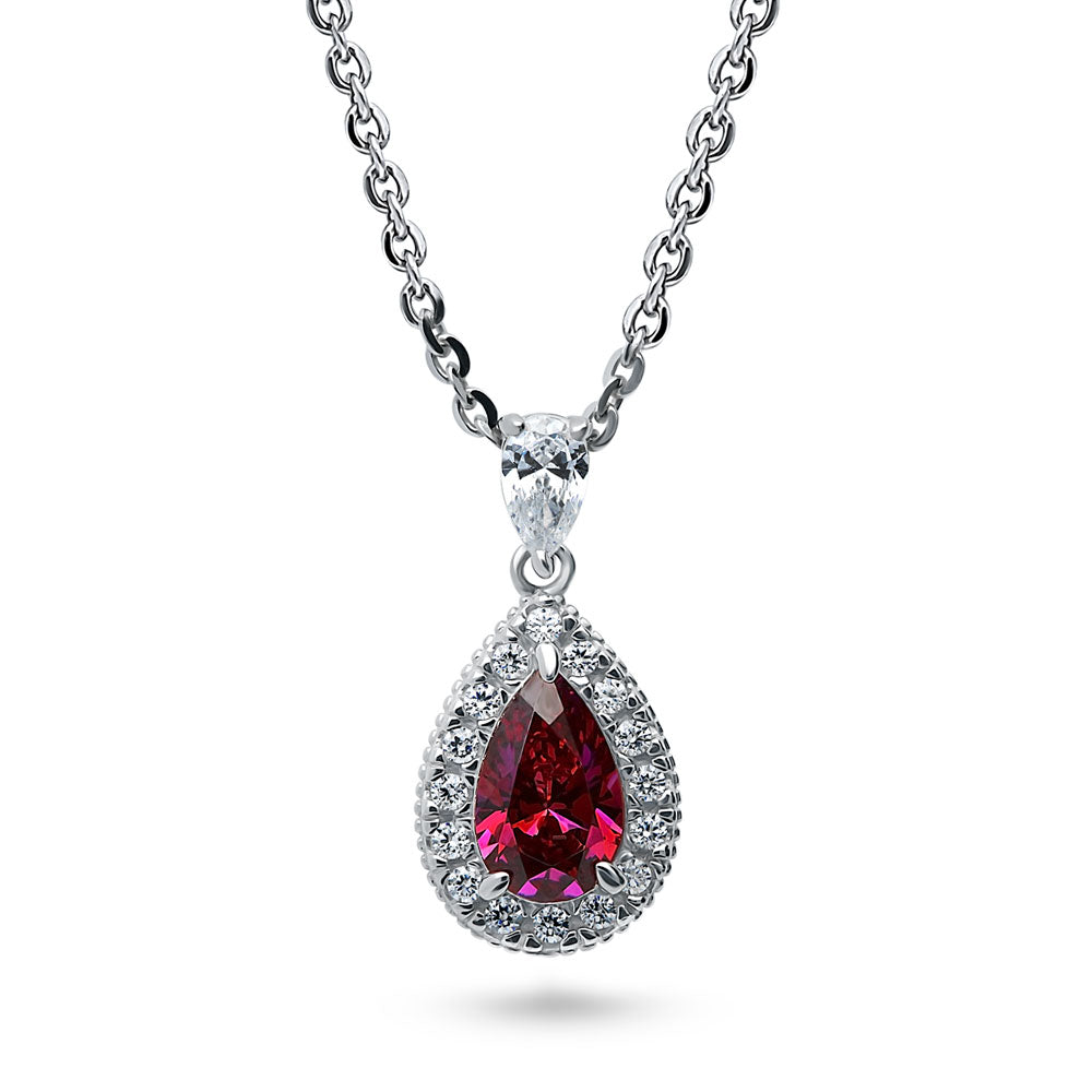 Halo Red Pear CZ Necklace and Earrings Set in Sterling Silver, 5 of 10