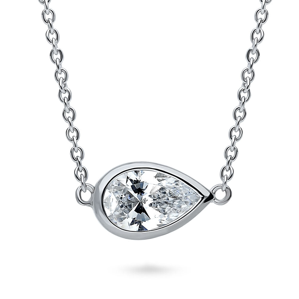 East-West Solitaire Bezel Set CZ Pendant Necklace in Sterling Silver
