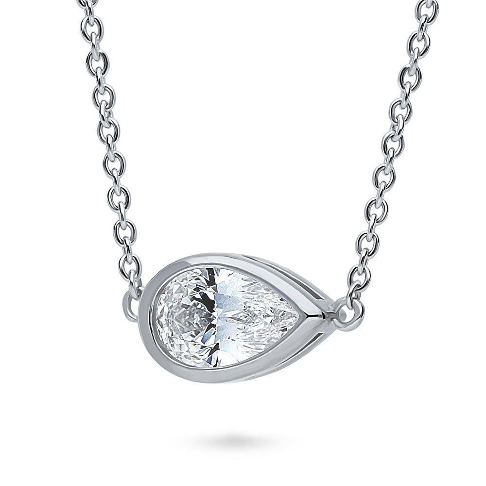 East-West Solitaire Bezel Set CZ Pendant Necklace in Sterling Silver
