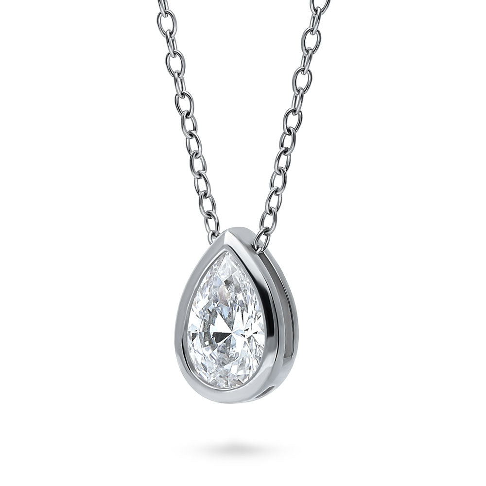 Solitaire 0.8ct Bezel Pear CZ Necklace in Sterling Silver
