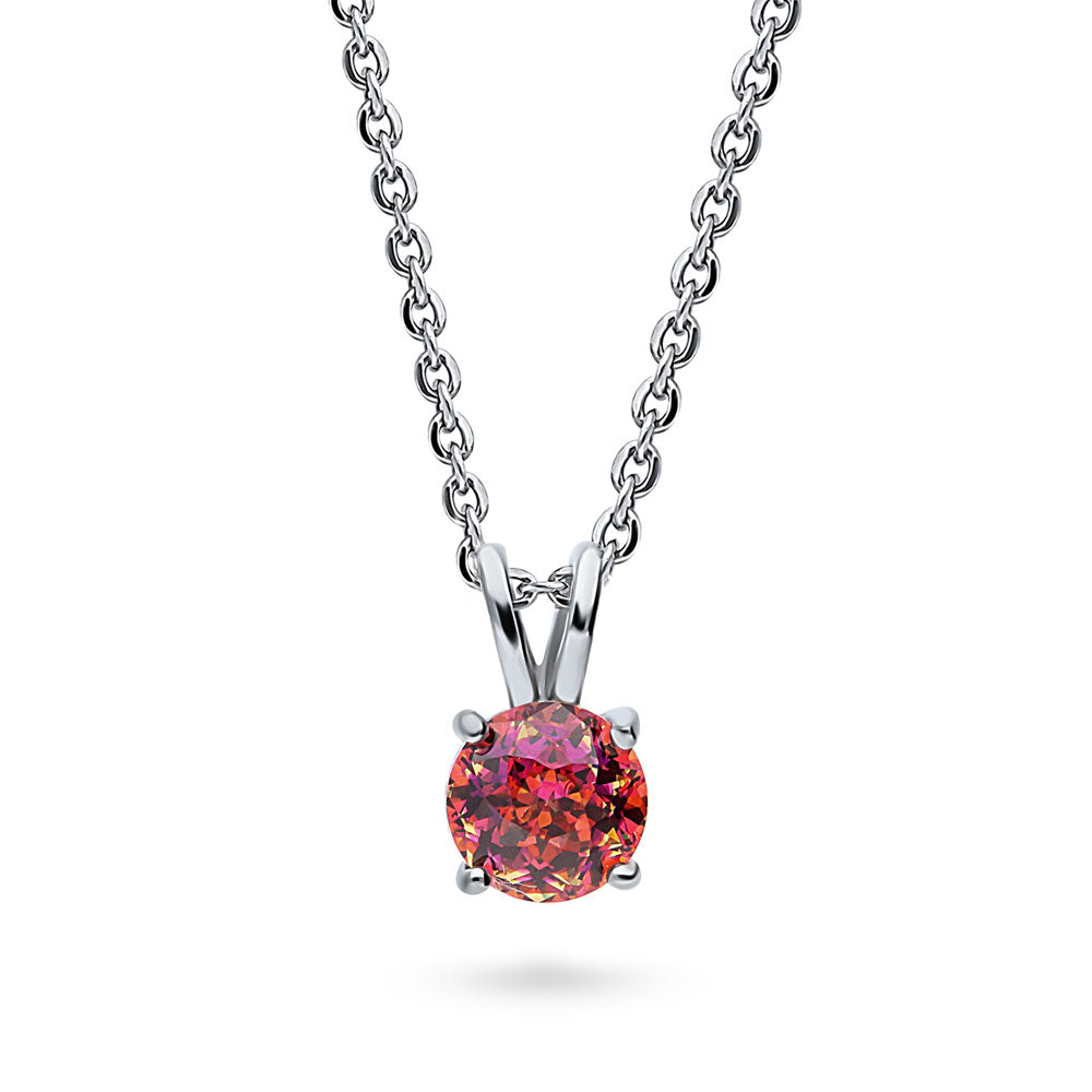 Kaleidoscope Solitaire 0.8ct CZ Necklace in Sterling Silver, Red Orange Color