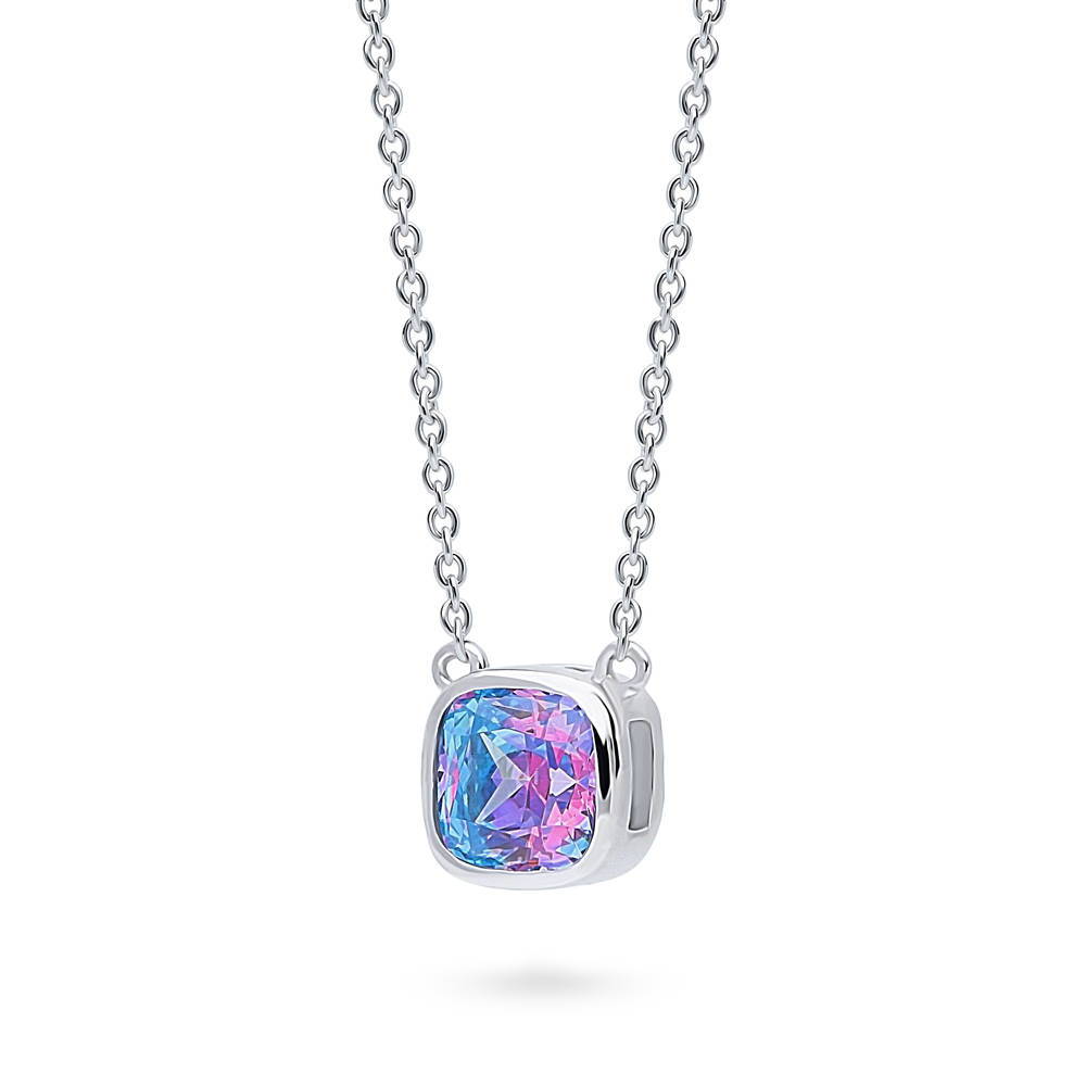 Kaleidoscope Purple Aqua Bezel Set CZ Necklace in Sterling Silver