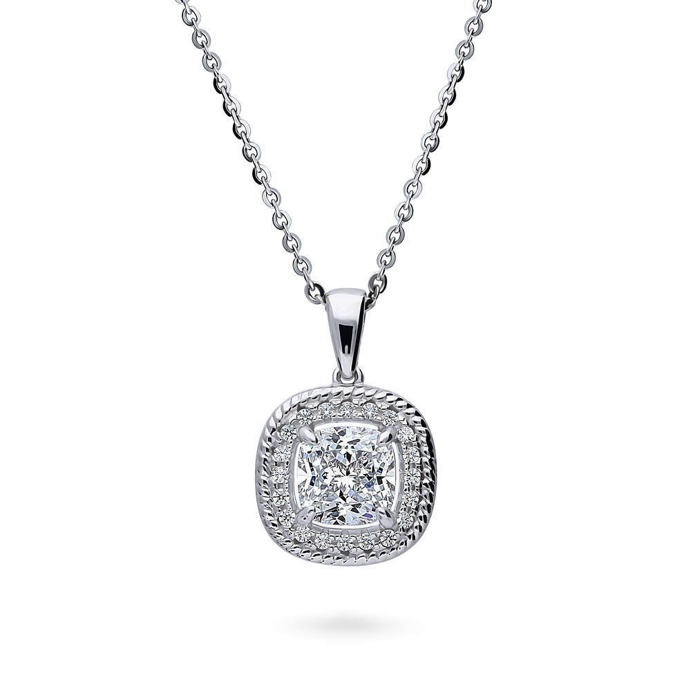 Halo Woven Cushion CZ Pendant Necklace in Sterling Silver, 1 of 6