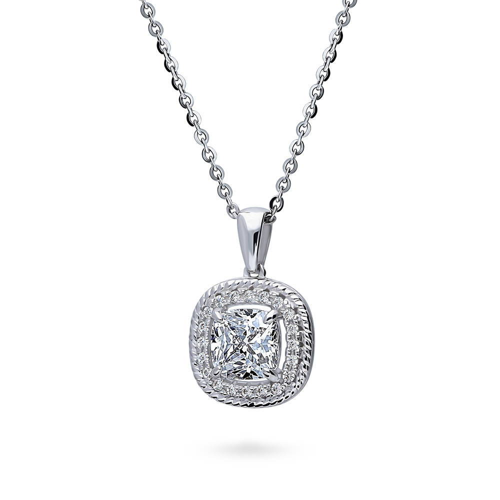 Front view of Halo Woven Cushion CZ Pendant Necklace in Sterling Silver, 4 of 6