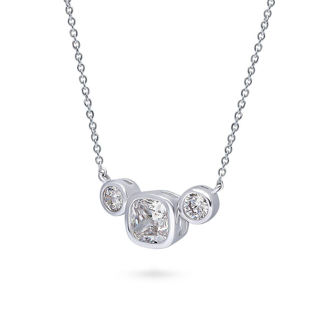 Front view of 3-Stone Cushion CZ Necklace and Hoop Earrings Set in Sterling Silver, 9 of 11