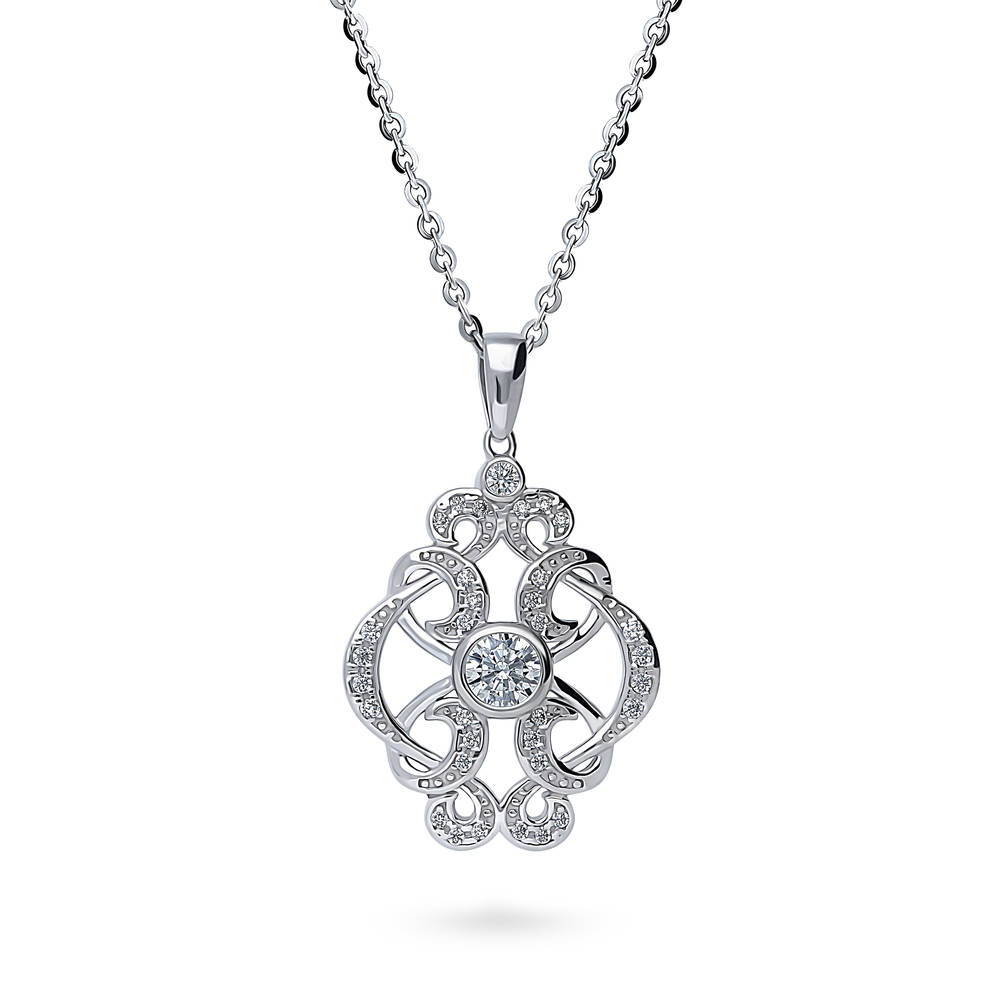 Flower Art Deco CZ Necklace and Earrings Set in Sterling Silver